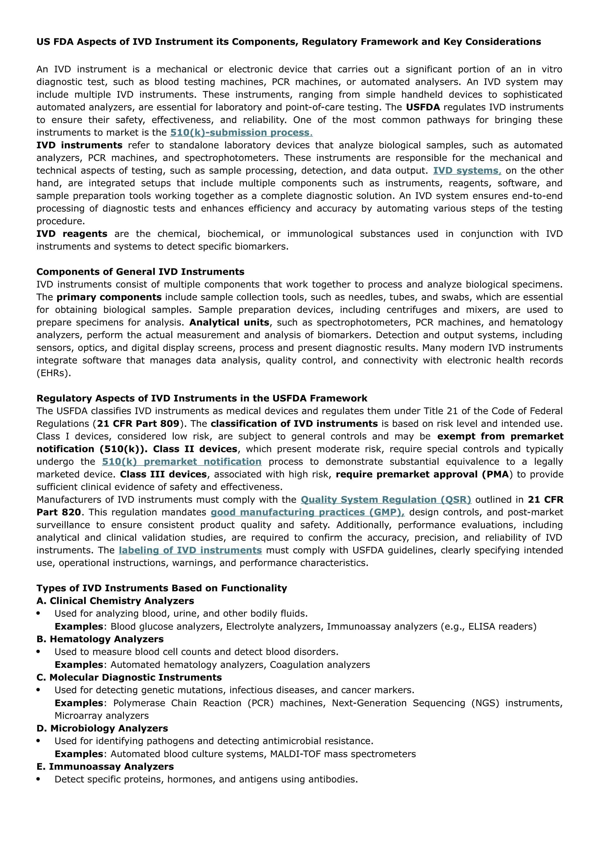 US FDA Aspects of IVD Instrument its Components, Regulatory Framework ...