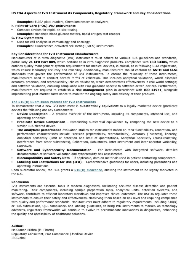 US FDA Aspects of IVD Instrument its Components, Regulatory Framework ...