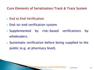  End to End Verification
 End-to-end verification system
 Supplemented by risk-based verifications by
wholesalers.
 Systematic verification before being supplied to the
public (e.g. at pharmacy level).
9/23/2015 14Drug Regulations : Online Resource for Latest Information
 