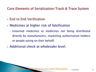  End to End Verification
 Medicines at higher risk of falsification
◦ (returned medicines or medicines not being distributed
directly by manufacturers, marketing authorisation holders
or people acting on their behalf)
 Additional check at wholesaler level.
9/23/2015 15Drug Regulations : Online Resource for Latest Information
 