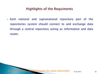  Each national and supranational repository part of the
repositories system should connect to and exchange data
through a central repository acting as information and data
router.
9/23/2015 62Drug Regulations : Online Resource for Latest Information
 
