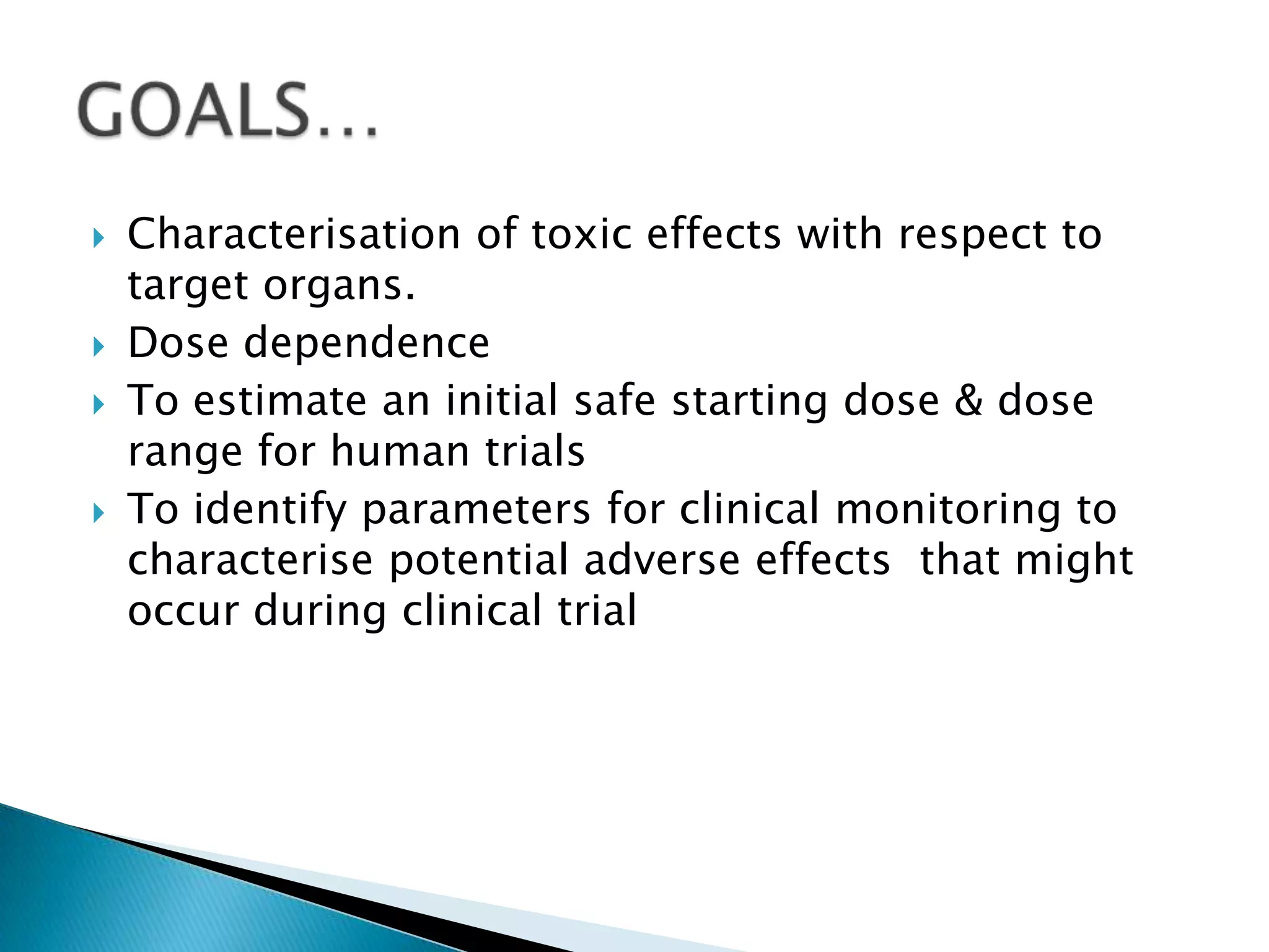  Characterisation of toxic effects with respect to
target organs.
 Dose dependence
 To estimate an initial safe starting dose & dose
range for human trials
 To identify parameters for clinical monitoring to
characterise potential adverse effects that might
occur during clinical trial
 