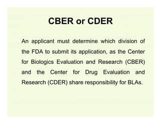 CBER or CDER
An applicant must determine which division of
the FDA to submit its application, as the Center
for Biologics Evaluation and Research (CBER)
and the Center for Drug Evaluation and
Research (CDER) share responsibility for BLAs.

 