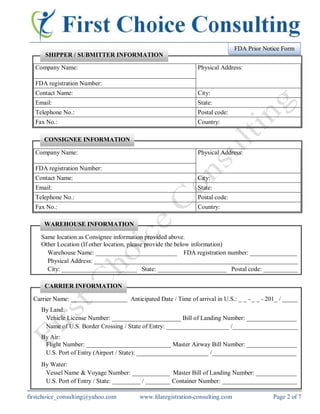 US FDA Prior Notice Form_First Choice Consulting Services | PDF