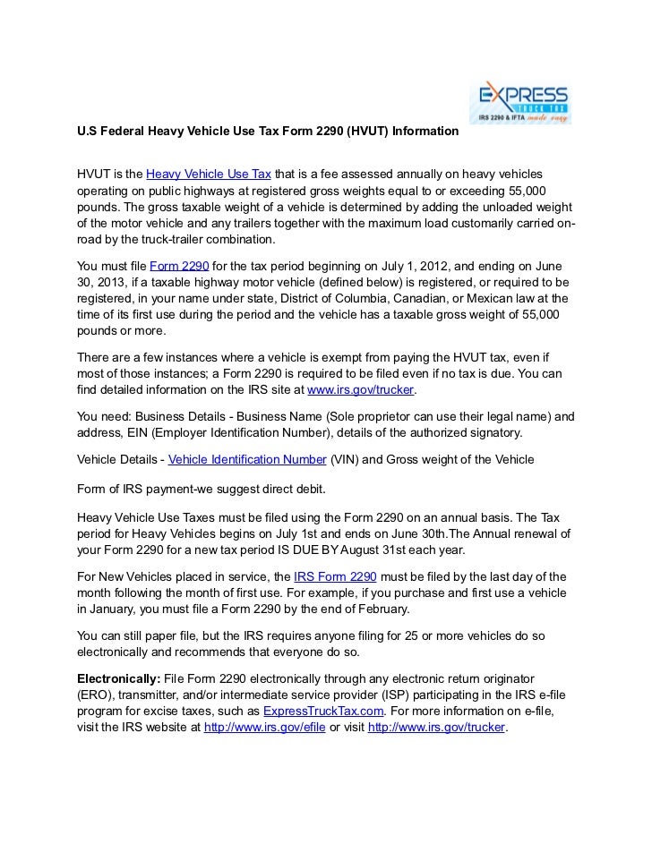 U S Federal Heavy Vehicle Use Tax Form 2290 Hvut Information