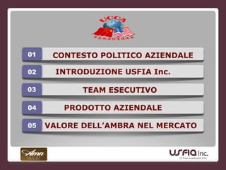 CONTESTO POLITICO AZIENDALE01
INTRODUZIONE USFIA Inc.02
PRODOTTO AZIENDALE04
VALORE DELL’AMBRA NEL MERCATO05
TEAM ESECUTIVO03
 