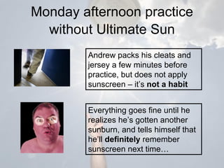 Monday afternoon practice  without  Ultimate Sun Everything goes fine until he realizes he’s gotten another sunburn, and tells himself that he’ll  definitely  remember sunscreen next time… Andrew packs his cleats and jersey a few minutes before practice, but does not apply sunscreen – it’s  not a habit 