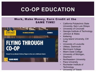 CO-OP EDUCATION
Wor k, Make Money, Ear n Credit at the
SAME TIME!
• California Polytechnic State
•
•
•
•
•
•
•
•
•
•
•
•
•
•

University, Sam Luis Obispo
University of Cincinatti
Georgia Institute of Technology
Johnson & Wales
Kettering
Long Island University, CW
Post
University of Louisville
UMass, Dartmouth
Merrimack College
Miami Dade College
University of Michigan,
Dearborn
Northeastern University
Pace University
Rochester Institute of
Technology
University of Toledo

 
