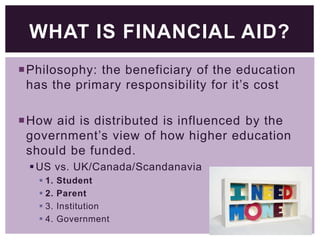 WHAT IS FINANCIAL AID?
Philosophy: the beneficiary of the education
has the primary responsibility for it’s cost
How aid is distributed is influenced by the
government’s view of how higher education
should be funded.
 US vs. UK/Canada/Scandanavia
 1.
 2.
 3.
 4.

Student
Parent
Institution
Government

 