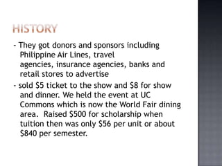 - They got donors and sponsors including
  Philippine Air Lines, travel
  agencies, insurance agencies, banks and
  retail stores to advertise
- sold $5 ticket to the show and $8 for show
  and dinner. We held the event at UC
  Commons which is now the World Fair dining
  area. Raised $500 for scholarship when
  tuition then was only $56 per unit or about
  $840 per semester.
 