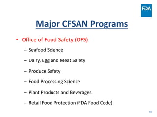 10
Major CFSAN Programs
• Office of Food Safety (OFS)
– Seafood Science
– Dairy, Egg and Meat Safety
– Produce Safety
– Food Processing Science
– Plant Products and Beverages
– Retail Food Protection (FDA Food Code)
 