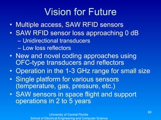 Vision for Future Multiple access, SAW RFID sensors SAW RFID sensor loss approaching 0 dB Unidirectional transducers Low loss reflectors New and novel coding approaches using OFC-type transducers and reflectors Operation in the 1-3 GHz range for small size Single platform for various sensors (temperature, gas, pressure, etc.) SAW sensors in space flight and support operations in 2 to 5 years University of Central Florida  School of Electrical Engineering and Computer Science 