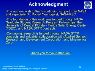 Acknowledgment University of Central Florida School of Electrical Engineering and Computer Science Thank you for your attention! The authors wish to thank continuing support from NASA, and especially Dr. Robert Youngquist, NASA-KSC.  The foundation of this work was funded through NASA Graduate Student Research Program Fellowships, the University of Central Florida - Florida Solar Energy Center (FSEC), and NASA STTR contracts.  Continuing research is funded through NASA STTR contracts and industrial collaboration with Applied Sensor Research and Development Corporation, and Mnemonics Corp.  