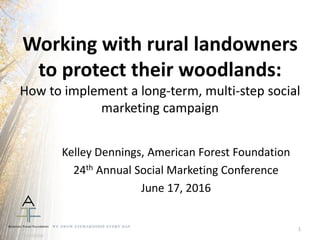 Working with rural landowners
to protect their woodlands:
How to implement a long-term, multi-step social
marketing campaign
Kelley Dennings, American Forest Foundation
24th Annual Social Marketing Conference
June 17, 2016
K Rossbow
1
 