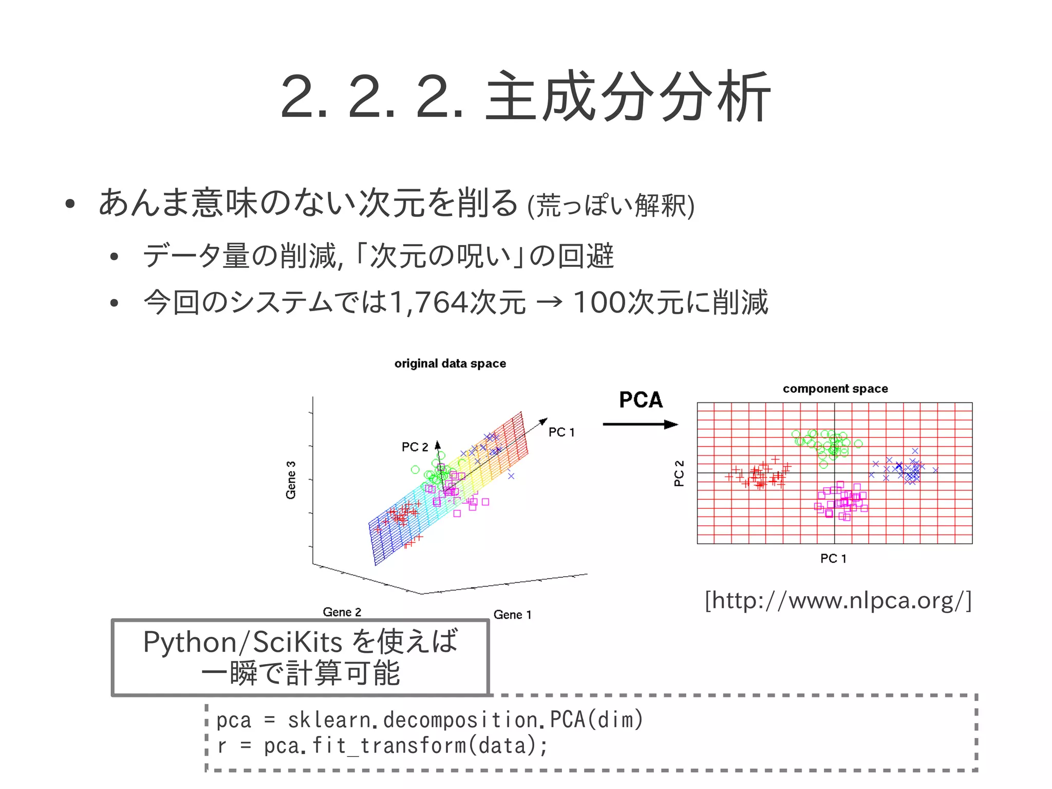 2. 2. 2. 主成分分析
● あんま意味のない次元を削る (荒っぽい解釈)
● データ量の削減, 「次元の呪い」の回避
● 今回のシステムでは1,764次元 → 100次元に削減
[http://www.nlpca.org/]
pca = sklearn.decomposition.PCA(dim)
r = pca.fit_transform(data);
Python/SciKits を使えば
一瞬で計算可能
 