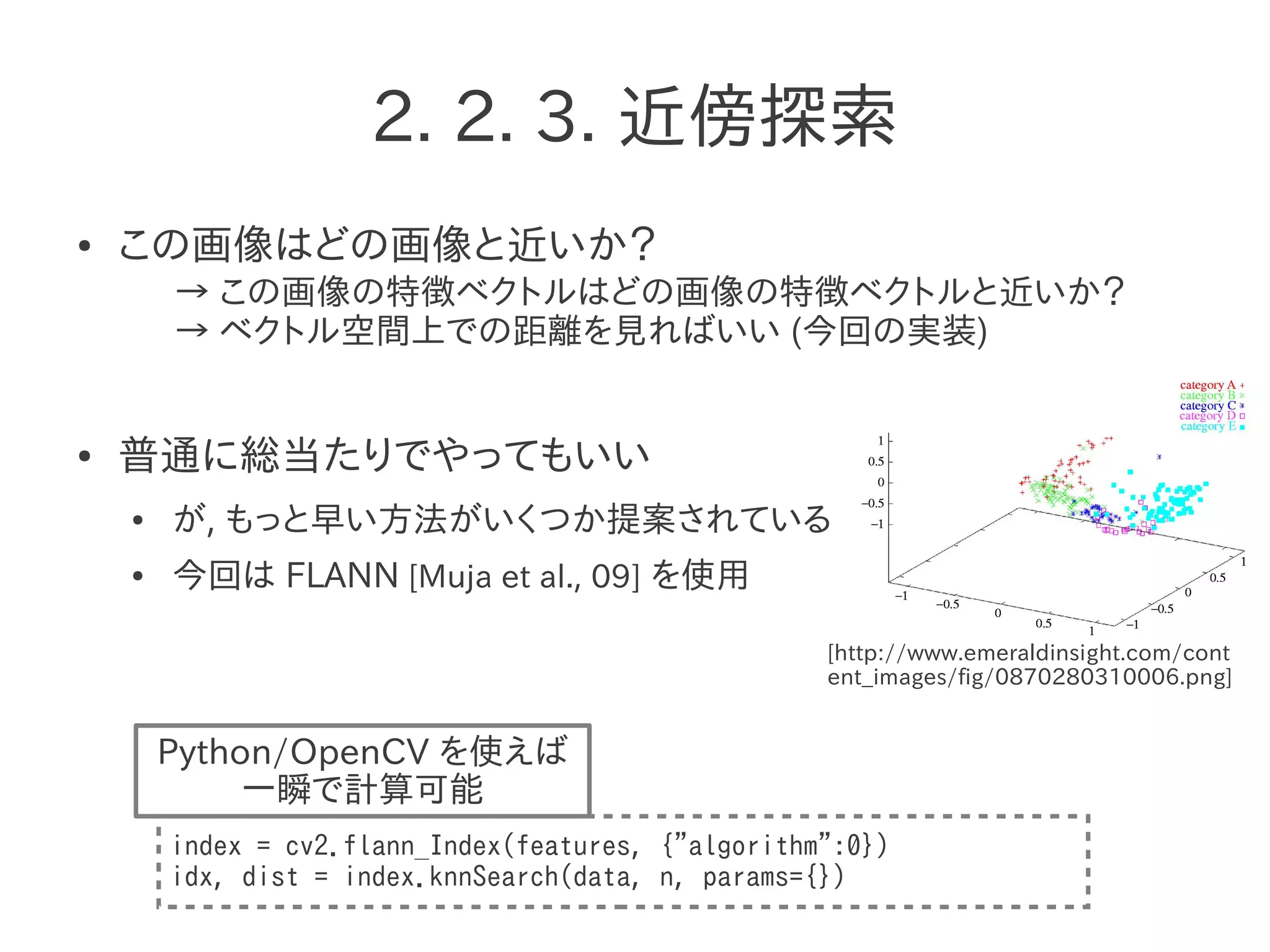 2. 2. 3. 近傍探索
● この画像はどの画像と近いか？
→ この画像の特徴ベクトルはどの画像の特徴ベクトルと近いか？
→ ベクトル空間上での距離を見ればいい (今回の実装)
● 普通に総当たりでやってもいい
● が, もっと早い方法がいくつか提案されている
● 今回は FLANN [Muja et al., 09] を使用
[http://www.emeraldinsight.com/cont
ent_images/fig/0870280310006.png]
index = cv2.flann_Index(features, {"algorithm":0})
idx, dist = index.knnSearch(data, n, params={})
Python/OpenCV を使えば
一瞬で計算可能
 