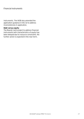 Financial instruments

instruments. The IASB also amended the
application guidance in IAS 32 to address
inconsistencies in application.
Debt versus equity
The Boards’ joint project to address financial
instruments with characteristics of equity has
been delayed due to resource constraints. No
further action is expected in the near term.

US GAAP versus IFRS The basics

27

 