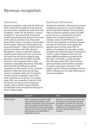 Revenue recognition

Revenue recognition
Similarities

Significant differences

Revenue recognition under both US GAAP and
IFRS is tied to the completion of the earnings
process and the realization of assets from such
completion. Under IAS 18, Revenue, revenue
is defined as ―the gross inflow of economic
benefits during the period arising in the course
of the ordinary activities of an entity when
those inflows result in increases in equity other
than increases relating to contributions from
equity participants.‖ Under US GAAP (which is
primarily included in ASC 605, Revenue
Recognition), revenues represent actual or
expected cash inflows that have occurred or
will result from the entity’s ongoing major
operations. Under both US GAAP and IFRS,
revenue is not recognized until it is both
realized (or realizable) and earned. Ultimately,
both US GAAP and IFRS base revenue
recognition on the transfer of risks, and both
attempt to determine when the earnings
process is complete. Both sets of standards
contain revenue recognition criteria that,
while not identical, are similar. For example,
under IFRS, one recognition criterion is that
the amount of revenue can be measured
reliably, while US GAAP requires that the
consideration to be received from the buyer is
fixed or determinable.

Despite the similarities, differences in revenue
recognition may exist as a result of differing
levels of specificity between the two GAAPs.
There is extensive guidance under US GAAP,
which can be very prescriptive and often
applies only to specific industries. For
example, under US GAAP there are specific
rules for the recognition of software revenue
and sales of real estate, while comparable
guidance does not exist under IFRS. In
addition, the detailed US rules often contain
exceptions for particular types of transactions.
Further, public companies in the US must
follow additional guidance provided by the
SEC staff. Conversely, a single standard
(IAS 18) exists under IFRS, which contains
general principles and illustrative examples
of specific transactions. Exclusive of the
industry-specific differences between the two
GAAPs, following are the major differences in
revenue recognition.

US GAAP
Sale of goods

IFRS

Public companies must follow SAB
104, Revenue Recognition, which
requires that delivery has occurred (the
risks and rewards of ownership have
been transferred), there is persuasive
evidence of the sale, the fee is fixed or
determinable and collectibility is
reasonably assured.

Revenue is recognized only when risks
and rewards of ownership have been
transferred, the buyer has control of
the goods, revenues can be measured
reliably and it is probable that the
economic benefits will flow to the
company.

US GAAP versus IFRS The basics

37

 