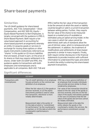 Share-based payments

Share-based payments
Similarities
The US GAAP guidance for share-based
payments, ASC 718, Compensation — Stock
Compensation, and ASC 505-50, Equity —
Equity-Based Payments to Non-Employees, is
largely converged with the guidance in IFRS 2,
Share-Based Payment. Both require a fair
value-based approach in accounting for
share-based payment arrangements whereby
an entity (1) acquires goods or services in
exchange for issuing share options or other
equity instruments (collectively referred to as
―shares‖ in this guide) or (2) incurs liabilities
that are based, at least in part, on the price of
its shares or that may require settlement in its
shares. Under both US GAAP and IFRS, this
guidance applies to transactions with both
employees and nonemployees and is
applicable to all companies. Both ASC 718 and

IFRS 2 define the fair value of the transaction
to be the amount at which the asset or liability
could be bought or sold in a current transaction
between willing parties. Further, they require
the fair value of the shares to be measured
based on a market price (if available) or
estimated using an option-pricing model. In the
rare cases in which fair value cannot be
determined, both sets of standards allow the
use of intrinsic value, which is remeasured until
the settlement. In addition, the treatment of
modifications and settlements of share-based
payments is similar in many respects. Finally,
both require similar disclosures in the financial
statements to provide investors with sufficient
information to understand the types and extent
to which the entity is entering into share-based
payment transactions.

Significant differences
US GAAP
Transactions with
nonemployees

IFRS

The US GAAP definition of an employee IFRS has a more general definition of
focuses primarily on the common law
an employee that includes individuals
definition of an employee.
who provide services similar to those
rendered by employees.
Either the fair value of (1) the goods or Fair value of the transaction should be
services received, or (2) the equity
based on the fair value of the goods or
instruments granted is used to value
services received, and only on the fair
the transaction, whichever is more
value of the equity instruments granted
reliably determinable.
in the rare circumstance that the fair
value of the goods and services cannot
be reliably estimated.
Measurement date is the earlier of
Measurement date is the date the
(1) the date at which a ―commitment
entity obtains the goods or the
for performance‖ by the counterparty counterparty renders the services. No
is reached, or (2) the date at which the performance commitment concept
exists.
counterparty’s performance is
complete.

US GAAP versus IFRS The basics

39

 