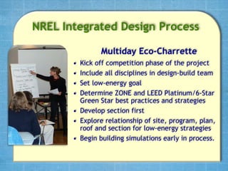 NREL Integrated Design Process

                Multiday Eco-Charrette
       • Kick off competition phase of the project
       • Include all disciplines in design-build team
       • Set low-energy goal
       • Determine ZONE and LEED Platinum/6-Star
         Green Star best practices and strategies
       • Develop section first
       • Explore relationship of site, program, plan,
         roof and section for low-energy strategies
       • Begin building simulations early in process.
 