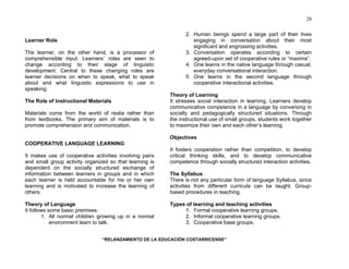 “RELANZAMIENTO DE LA EDUCACIÓN COSTARRICENSE” 
28 
Learner Role 
The learner, on the other hand, is a processor of 
comprehensible input. Learners´ roles are seen to 
change according to their stage of linguistic 
development. Central to these changing roles are 
learner decisions on when to speak, what to speak 
about and what linguistic expressions to use in 
speaking. 
The Role of Instructional Materials 
Materials come from the world of realia rather than 
from textbooks. The primary aim of materials is to 
promote comprehension and communication. 
COOPERATIVE LANGUAGE LEARNING 
It makes use of cooperative activities involving pairs 
and small group activity organized so that learning is 
dependent on the socially structured exchange of 
information between learners in groups and in which 
each learner is held accountable for his or her own 
learning and is motivated to increase the learning of 
others. 
Theory of Language 
It follows some basic premises: 
1. All normal children growing up in a normal 
environment learn to talk. 
2. Human beings spend a large part of their lives 
engaging in conversation about their most 
significant and engrossing activities. 
3. Conversation operates according to certain 
agreed-upon set of cooperative rules or “maxims”. 
4. One learns in the native language through casual, 
everyday conversational interaction. 
5. One learns in the second language through 
cooperative interactional activities. 
Theory of Learning 
It stresses social interaction in learning. Learners develop 
communicative competence in a language by conversing in 
socially and pedagogically structured situations. Through 
the instructional use of small groups, students work together 
to maximize their own and each other’s learning. 
Objectives 
It fosters cooperation rather than competition, to develop 
critical thinking skills, and to develop communicative 
competence through socially structured interaction activities. 
The Syllabus 
There is not any particular form of language Syllabus, since 
activities from different curricula can be taught. Group-based 
procedures in teaching. 
Types of learning and teaching activities 
1. Formal cooperative learning groups. 
2. Informal cooperative learning groups. 
3. Cooperative base groups. 
 