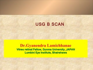 USG B SCAN




  Dr.Gyanendra Lamichhanae
Vitreo retinal Fellow, Gunma University ,JAPAN
       Lumbini Eye Institute, Bhairahawa
 