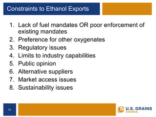 Constraints to Ethanol Exports 
1. 
Lack of fuel mandates OR poor enforcement of existing mandates 
2. 
Preference for other oxygenates 
3. 
Regulatory issues 
4. 
Limits to industry capabilities 
5. 
Public opinion 
6. 
Alternative suppliers 
7. 
Market access issues 
8. 
Sustainability issues 
14 
 