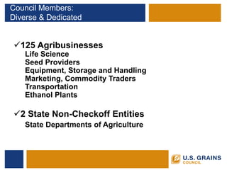 Council Members: Diverse & Dedicated 
 
125 Agribusinesses 
Life Science 
Seed Providers 
Equipment, Storage and Handling 
Marketing, Commodity Traders 
Transportation 
Ethanol Plants 
2 State Non-Checkoff Entities 
State Departments of Agriculture  