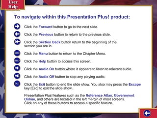 To navigate within this Presentation Plus! product: 
Click the Forward button to go to the next slide. 
Click the Previous button to return to the previous slide. 
Click the Section Back button return to the beginning of the 
section you are in. 
Click the Menu button to return to the Chapter Menu. 
Click the Help button to access this screen. 
Click the Audio On button where it appears to listen to relevant audio. 
Click the Audio Off button to stop any playing audio. 
Click the Exit button to end the slide show. You also may press the Escape 
key [Esc] to exit the slide show. 
Presentation Plus! features such as the Reference Atlas, Government 
Online, and others are located in the left margin of most screens. 
Click on any of these buttons to access a specific feature. 
 