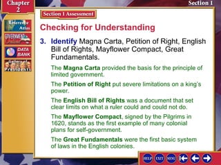 Checking for Understanding 
3. Identify Magna Carta, Petition of Right, English 
Bill of Rights, Mayflower Compact, Great 
Fundamentals. 
The Magna Carta provided the basis for the principle of 
limited government. 
The Petition of Right put severe limitations on a king’s 
power. 
The English Bill of Rights was a document that set 
clear limits on what a ruler could and could not do. 
The Mayflower Compact, signed by the Pilgrims in 
1620, stands as the first example of many colonial 
plans for self-government. 
The Great Fundamentals were the first basic system 
of laws in the English colonies. 
 
