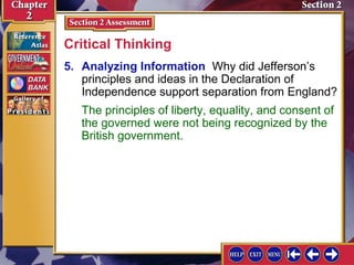 Critical Thinking 
5. Analyzing Information Why did Jefferson’s 
principles and ideas in the Declaration of 
Independence support separation from England? 
The principles of liberty, equality, and consent of 
the governed were not being recognized by the 
British government. 
 
