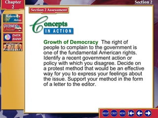 Growth of Democracy The right of 
people to complain to the government is 
one of the fundamental American rights. 
Identify a recent government action or 
policy with which you disagree. Decide on 
a protest method that would be an effective 
way for you to express your feelings about 
the issue. Support your method in the form 
of a letter to the editor. 
 