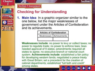 Checking for Understanding 
1. Main Idea In a graphic organizer similar to the 
one below, list the major weaknesses of 
government under the Articles of Confederation 
and its achievements. 
Weaknesses include: no power to levy or collect taxes; no 
power to regulate trade; no power to enforce laws; laws 
needed approval of 9 states; amendments required all 
states to agree; no executive branch or national court 
system. Achievements include: established a fair policy 
for developing western lands; negotiated a peace treaty 
with Great Britain; set a precedent for the creation of 
cabinet departments; established “full faith and credit” 
among states. 
 