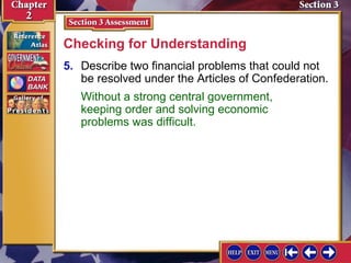 Checking for Understanding 
5. Describe two financial problems that could not 
be resolved under the Articles of Confederation. 
Without a strong central government, 
keeping order and solving economic 
problems was difficult. 
 
