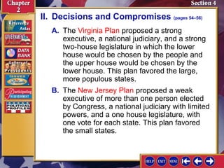 II. Decisions and Compromises (pages 54–56) 
A. The Virginia Plan proposed a strong 
executive, a national judiciary, and a strong 
two-house legislature in which the lower 
house would be chosen by the people and 
the upper house would be chosen by the 
lower house. This plan favored the large, 
more populous states. 
B. The New Jersey Plan proposed a weak 
executive of more than one person elected 
by Congress, a national judiciary with limited 
powers, and a one house legislature, with 
one vote for each state. This plan favored 
the small states. 
 