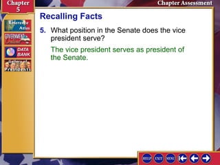 Recalling Facts
5. What position in the Senate does the vice
president serve?
The vice president serves as president of
the Senate.

 
