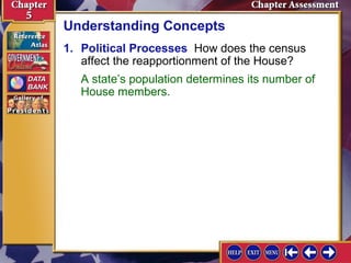 Understanding Concepts
1. Political Processes How does the census
affect the reapportionment of the House?
A state’s population determines its number of
House members.

 