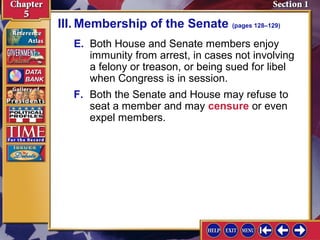 III. Membership of the Senate (pages 128–129)
E. Both House and Senate members enjoy
immunity from arrest, in cases not involving
a felony or treason, or being sued for libel
when Congress is in session.
F. Both the Senate and House may refuse to
seat a member and may censure or even
expel members.

 