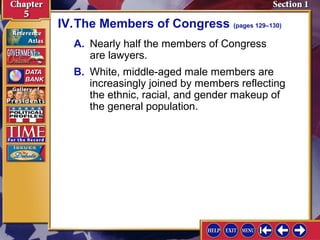 IV.The Members of Congress (pages 129–130)
A. Nearly half the members of Congress
are lawyers.
B. White, middle-aged male members are
increasingly joined by members reflecting
the ethnic, racial, and gender makeup of
the general population.

 