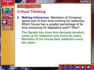 Critical Thinking
5. Making Inferences Members of Congress
spend part of their time working for reelection.
Which house has a greater percentage of its
time remaining for legislative work? Why?
The Senate has more time because senators
come up for reelection only every six years.
Members of the House face reelection every
two years.

 