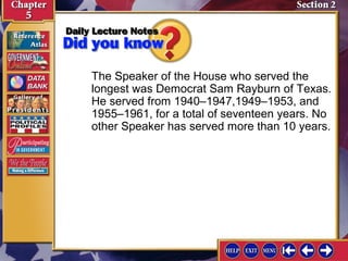 The Speaker of the House who served the
longest was Democrat Sam Rayburn of Texas.
He served from 1940–1947,1949–1953, and
1955–1961, for a total of seventeen years. No
other Speaker has served more than 10 years.

 