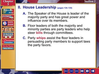 II. House Leadership (pages 134–135)
A. The Speaker of the House is leader of the
majority party and has great power and
influence over its members.
B. Floor leaders of both the majority and
minority parties are party leaders who help
steer bills through committees.
C. Party whips assist the floor leaders in
persuading party members to support laws
the party favors.

 