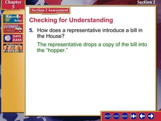 Checking for Understanding
5. How does a representative introduce a bill in
the House?
The representative drops a copy of the bill into
the “hopper.”

 
