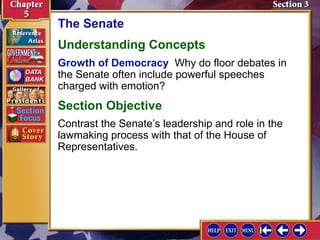 The Senate
Understanding Concepts
Growth of Democracy Why do floor debates in
the Senate often include powerful speeches
charged with emotion?

Section Objective
Contrast the Senate’s leadership and role in the
lawmaking process with that of the House of
Representatives.

 