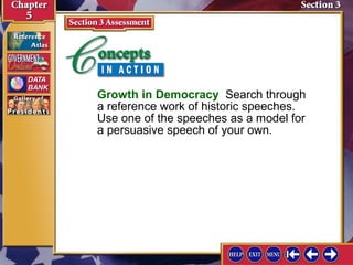 Growth in Democracy Search through
a reference work of historic speeches.
Use one of the speeches as a model for
a persuasive speech of your own.

 