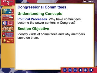 Congressional Committees
Understanding Concepts
Political Processes Why have committees
become the power centers in Congress?

Section Objective
Identify kinds of committees and why members
serve on them.

 