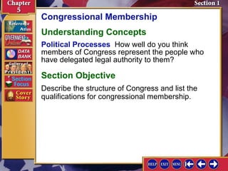 Congressional Membership
Understanding Concepts
Political Processes How well do you think
members of Congress represent the people who
have delegated legal authority to them?

Section Objective
Describe the structure of Congress and list the
qualifications for congressional membership.

 