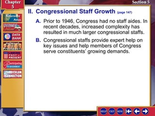 II. Congressional Staff Growth (page 147)
A. Prior to 1946, Congress had no staff aides. In
recent decades, increased complexity has
resulted in much larger congressional staffs.
B. Congressional staffs provide expert help on
key issues and help members of Congress
serve constituents’ growing demands.

 