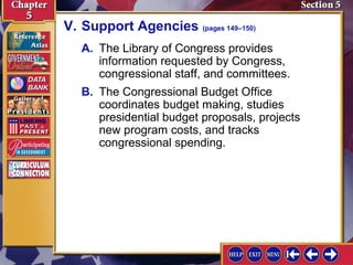 V. Support Agencies (pages 149–150)
A. The Library of Congress provides
information requested by Congress,
congressional staff, and committees.
B. The Congressional Budget Office
coordinates budget making, studies
presidential budget proposals, projects
new program costs, and tracks
congressional spending.

 