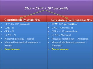 SGA = EFW < 10th percentile
Constitutionally small 70%
• EFW 4 to 10th percentile
• UAD –N
• CPR – N
• Ut AD – N
• Placental histology – normal
• Maternal biochemical parameter –
Normal
• Good outcome
Intra uterine growth restriction 30%
• EFW < 3rd percentile or
• UAD – Abnormal or
• CPR - < 5th percentile or
• Ut AD - Abnormal
• Placental morphology – Abnormal.
• Maternal biochemical parameter -
Abnormal
• Poorer outcome
 